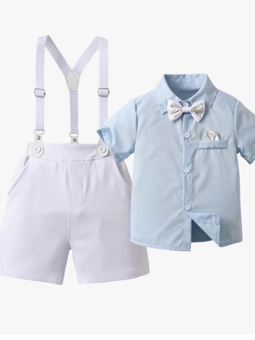 Baby Boys Light Blue Shirt and White Suspender Shorts Set